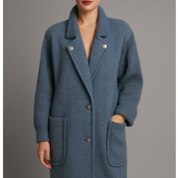 Vintage Geiger Austria Wool Coat Womens Blue Lined Knit Sleeves Sz 38 US M/L - Picture 1 of 11